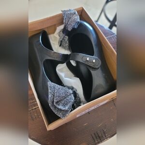 Mini Melissa Elegant Black Mary Jane Shoes with Glitter Bow